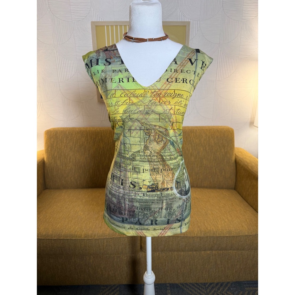 Vintage Paris Map Graphic V-Neck Sleeveless Top French Script Floral Print L